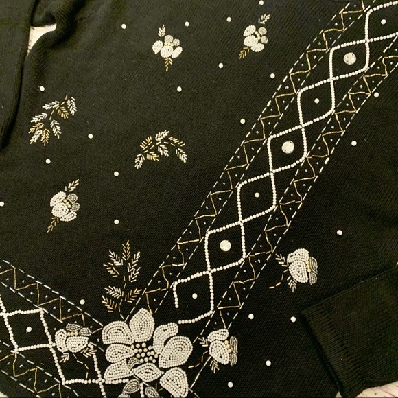Vintage Beaded Knit Mock Neck Holiday Winter Sweater Victoria Jones Black Silver - Picture 15 of 15